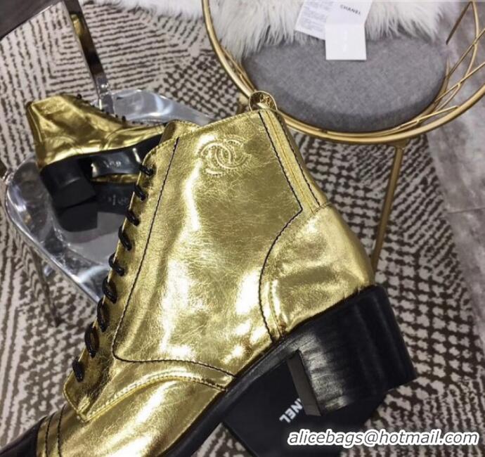 Hot Sale Chanel Vintage Metallic Leather Lace-up Short Boots Gold 2019 (MD-9110127 )