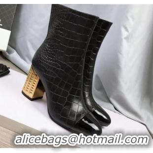 Low Cost Chanel Stone-Embossed Calfskin Metal Heel Short Boots G34917 Black 2019 