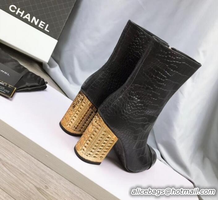 Low Cost Chanel Stone-Embossed Calfskin Metal Heel Short Boots G34917 Black 2019 