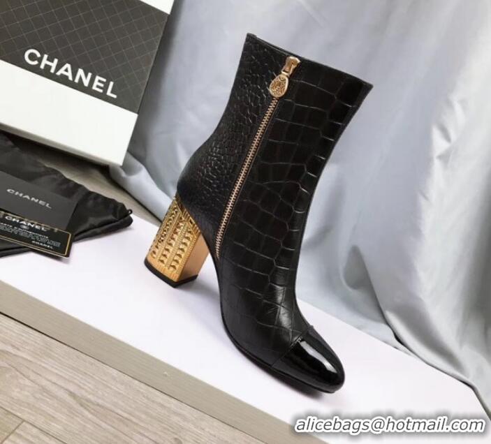 Low Cost Chanel Stone-Embossed Calfskin Metal Heel Short Boots G34917 Black 2019 