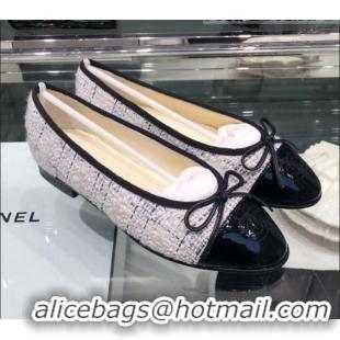 Classic Practical Chanel Tweed and Patent Calfskin Ballerinas G02819 White 2019