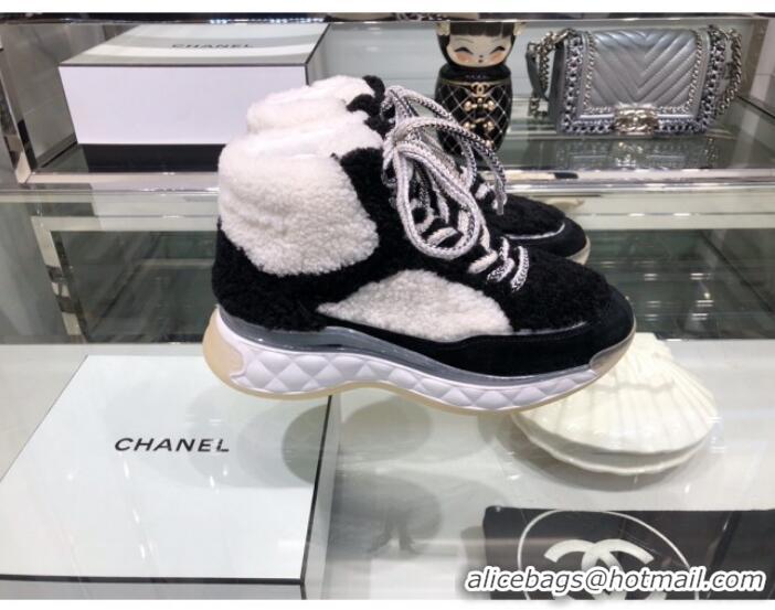 Good Quality Chanel Lambskin Fur Lace-up Short Boots G10147 Black/White 2019