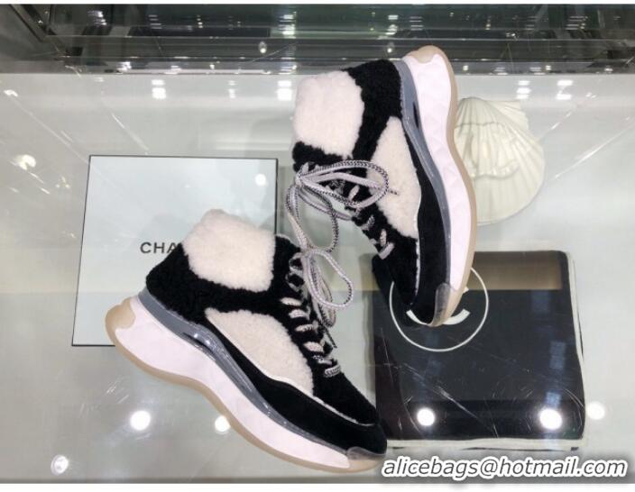 Good Quality Chanel Lambskin Fur Lace-up Short Boots G10147 Black/White 2019