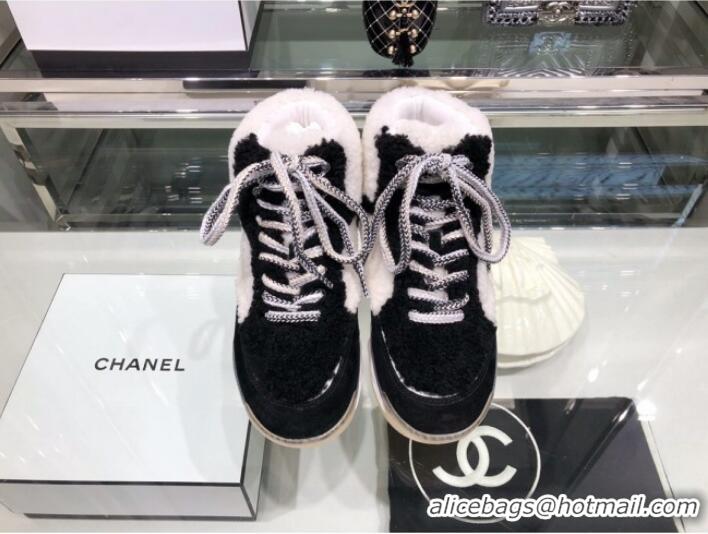 Good Quality Chanel Lambskin Fur Lace-up Short Boots G10147 Black/White 2019