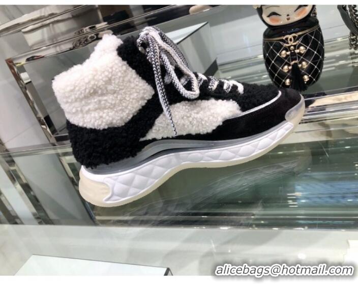 Good Quality Chanel Lambskin Fur Lace-up Short Boots G10147 Black/White 2019