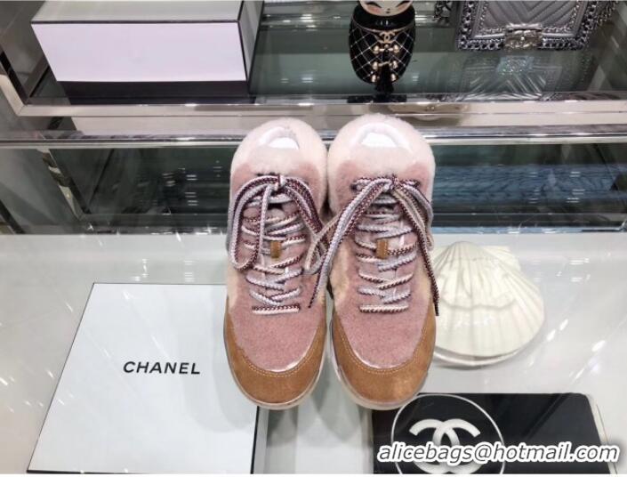 Low Price Chanel Lambskin Fur Lace-up Short Boots G10147 Pink 2019