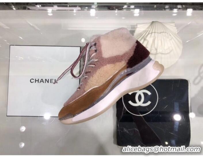 Low Price Chanel Lambskin Fur Lace-up Short Boots G10147 Pink 2019