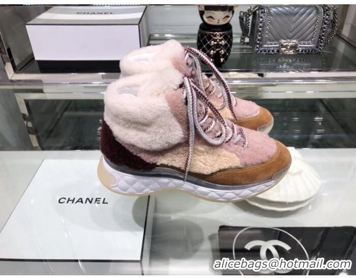 Low Price Chanel Lambskin Fur Lace-up Short Boots G10147 Pink 2019