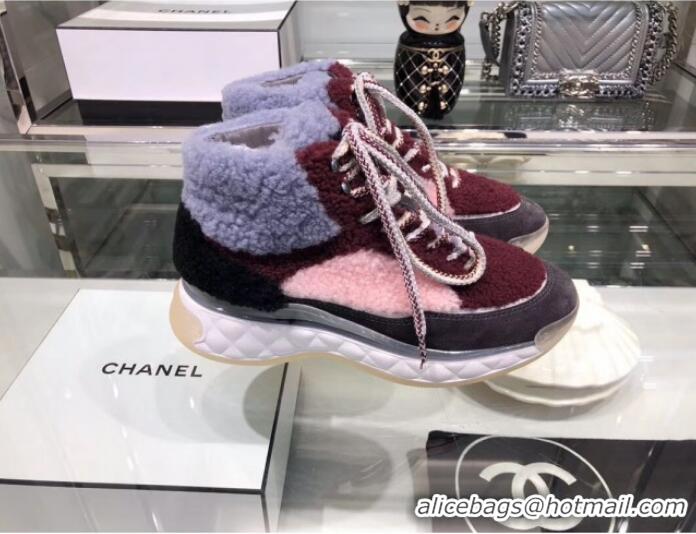 Grade Design Chanel Lambskin Fur Lace-up Short Boots G10147 Burgundy 2019