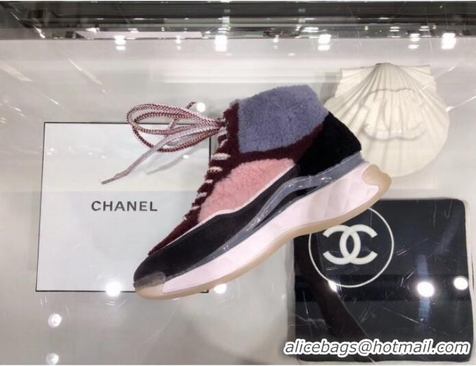 Grade Design Chanel Lambskin Fur Lace-up Short Boots G10147 Burgundy 2019