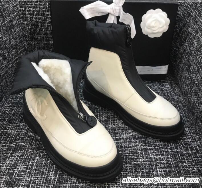 Charming Chanel Calfskin Wool Zip Flat Short Boots G10632 White 2019