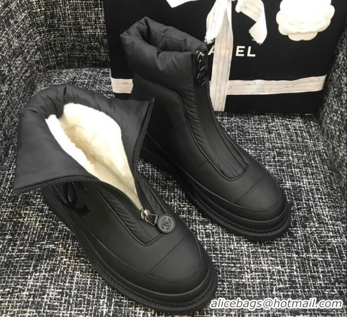 Most Popular Chanel Calfskin Wool Zip Flat Short Boots G10632 Black 2019