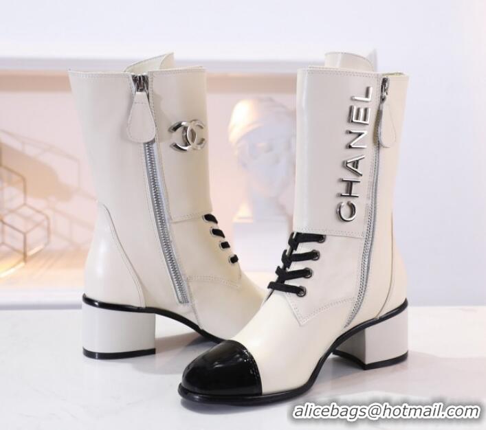 Best Design Chanel Calfskin Buttons Short Boots G35229 Ivory White 2019