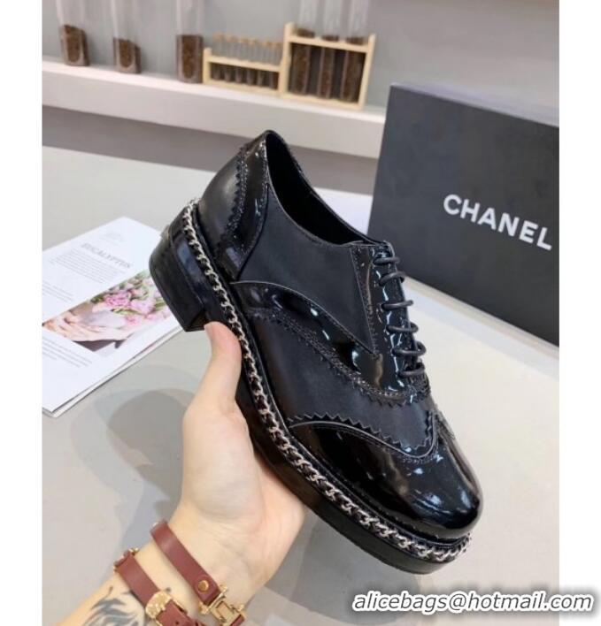 Sophisticated Chanel Calfskin and Patent Leather Chain Lace-Ups Loafers G35316 Black 2019