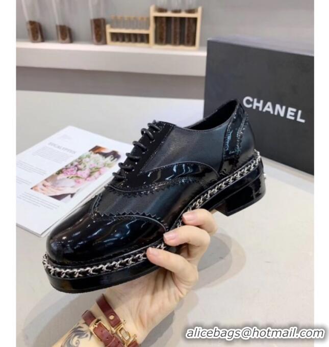 Sophisticated Chanel Calfskin and Patent Leather Chain Lace-Ups Loafers G35316 Black 2019