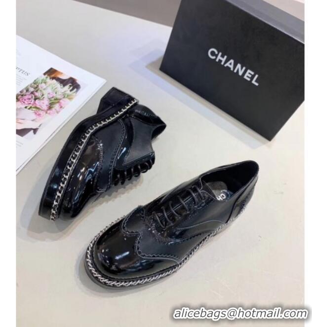 Sophisticated Chanel Calfskin and Patent Leather Chain Lace-Ups Loafers G35316 Black 2019