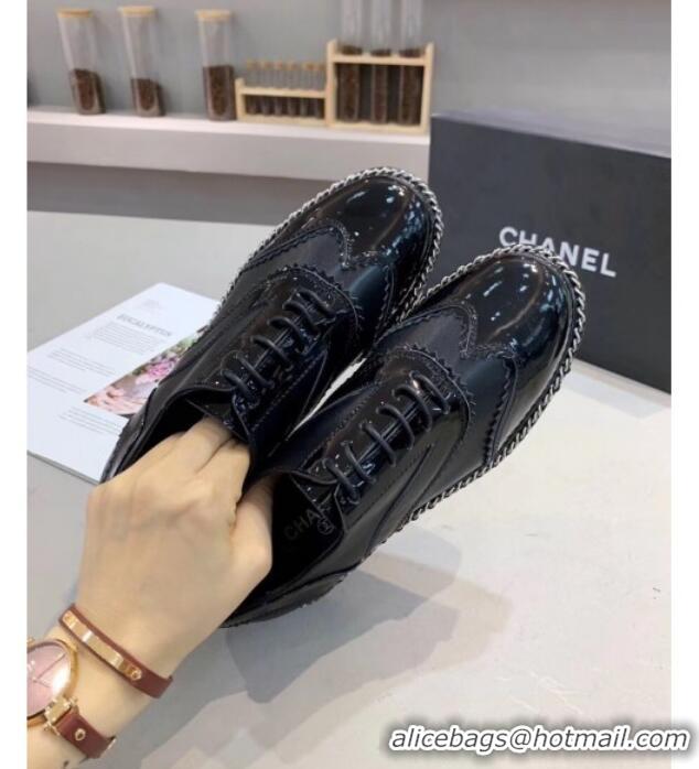 Sophisticated Chanel Calfskin and Patent Leather Chain Lace-Ups Loafers G35316 Black 2019