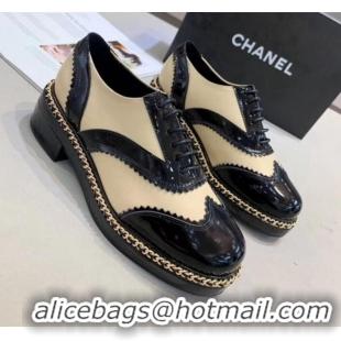 Sumptuous Chanel Calfskin and Patent Leather Chain Lace-Ups Loafers G35316 Apricot 2019