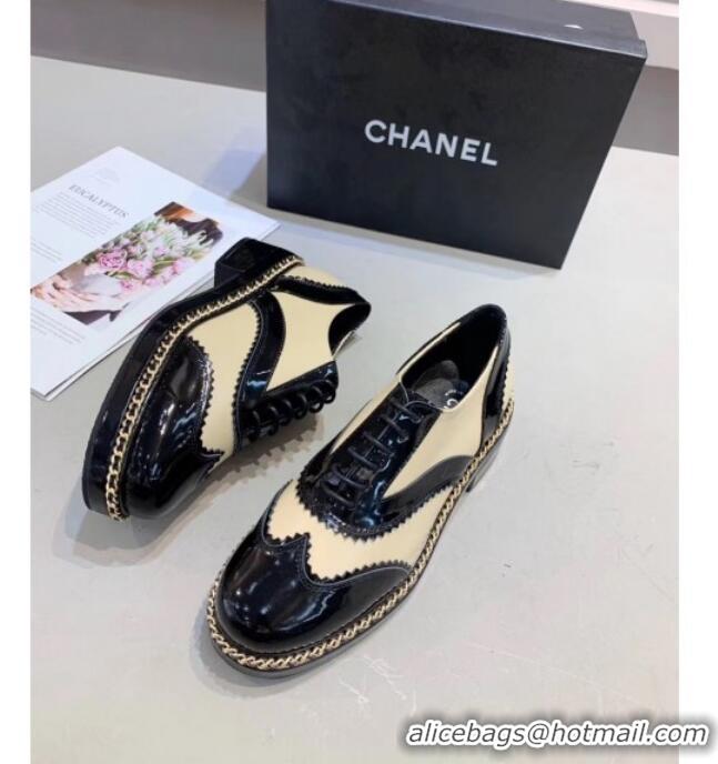 Sumptuous Chanel Calfskin and Patent Leather Chain Lace-Ups Loafers G35316 Apricot 2019