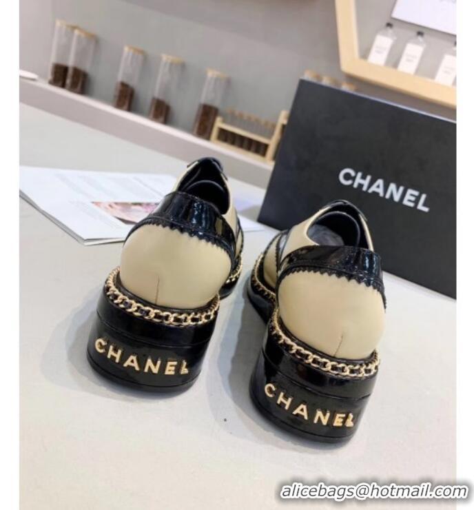 Sumptuous Chanel Calfskin and Patent Leather Chain Lace-Ups Loafers G35316 Apricot 2019