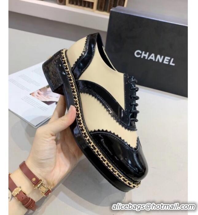 Sumptuous Chanel Calfskin and Patent Leather Chain Lace-Ups Loafers G35316 Apricot 2019