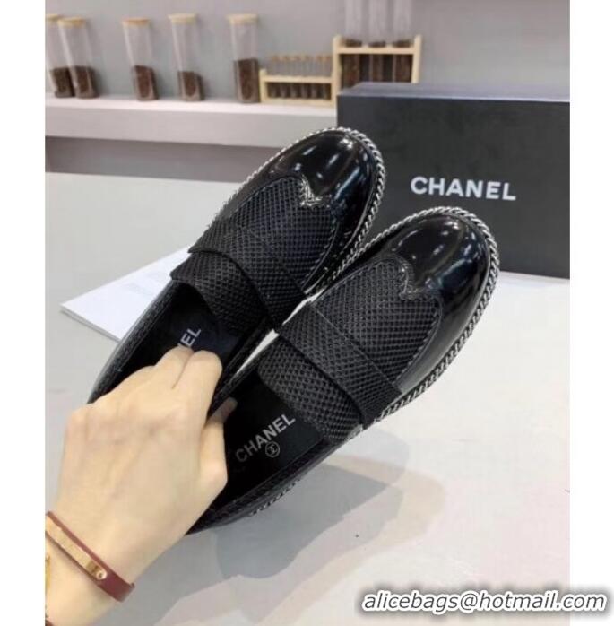 Lower Price Chanel Fabric and Patent Leather Chain Loafers G35317 Black 2019