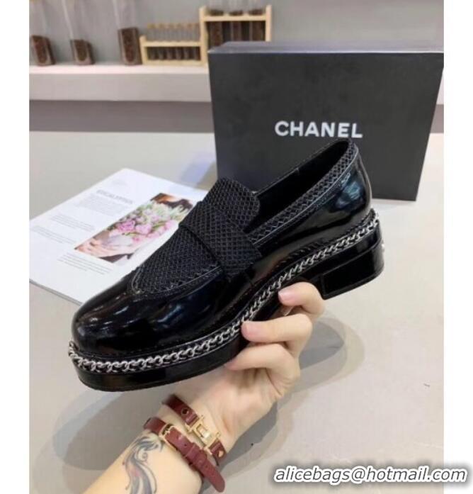 Lower Price Chanel Fabric and Patent Leather Chain Loafers G35317 Black 2019