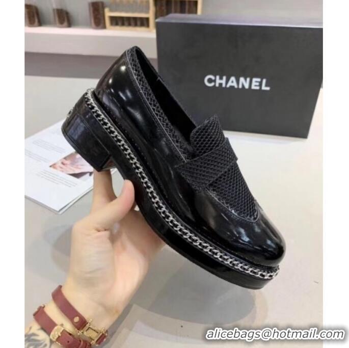 Lower Price Chanel Fabric and Patent Leather Chain Loafers G35317 Black 2019