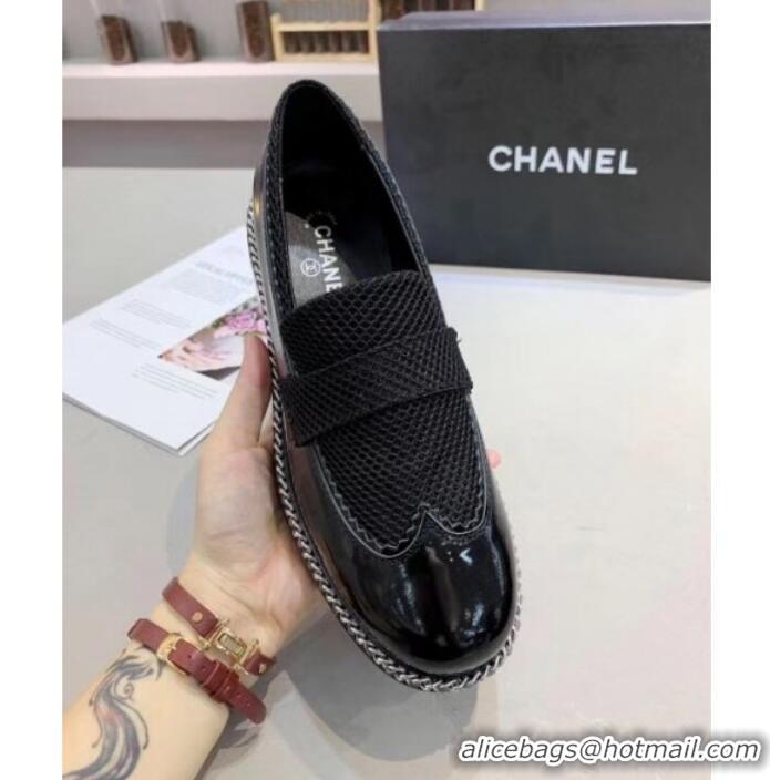 Lower Price Chanel Fabric and Patent Leather Chain Loafers G35317 Black 2019