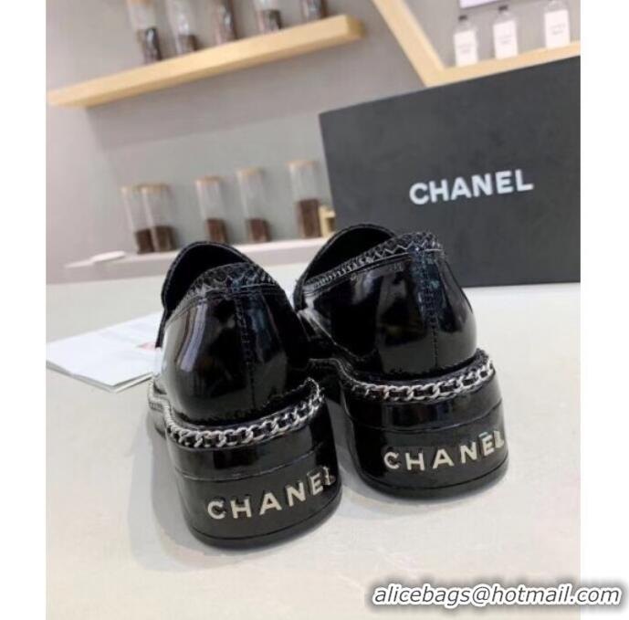 Lower Price Chanel Fabric and Patent Leather Chain Loafers G35317 Black 2019