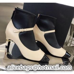 Perfect Chanel Mary Jane Mid-Heel Short Boot in Leather Patchwork G11312 Apricot 2019