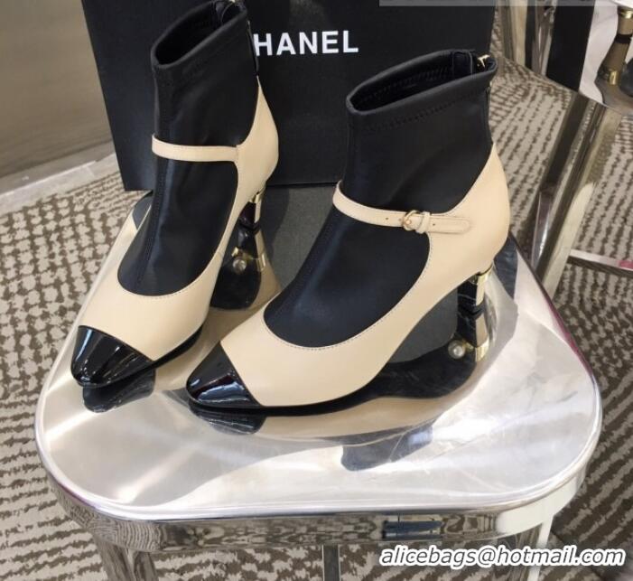 Perfect Chanel Mary Jane Mid-Heel Short Boot in Leather Patchwork G11312 Apricot 2019