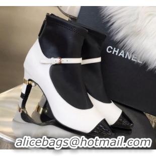 Luxury Chanel Mary Jane Mid-Heel Short Boot in Leather Patchwork G11312 White 2019