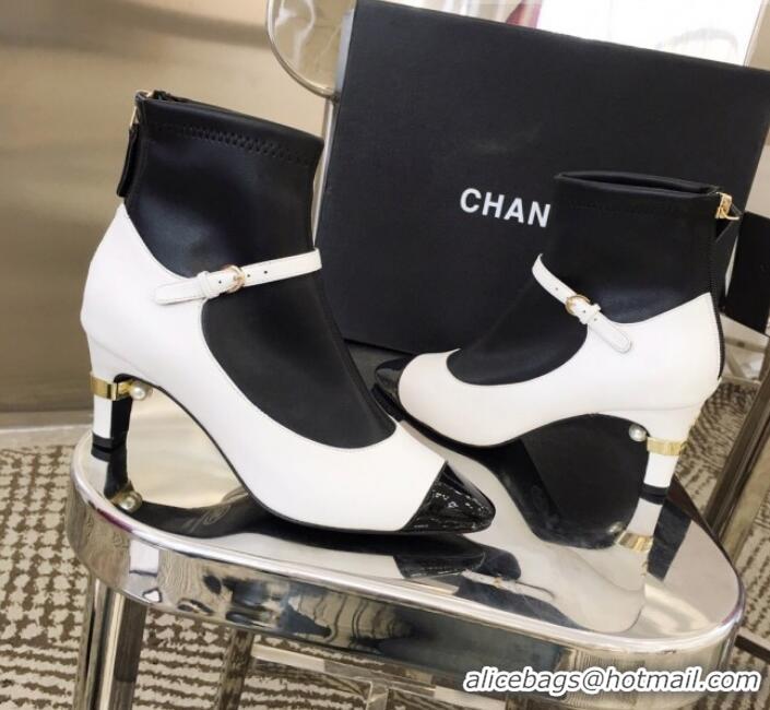 Luxury Chanel Mary Jane Mid-Heel Short Boot in Leather Patchwork G11312 White 2019