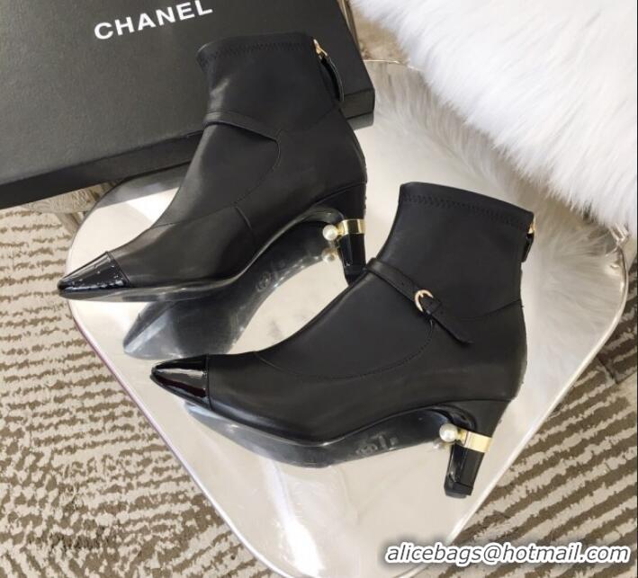 Classic Chanel Mary Jane Mid-Heel Short Boot in Leather Patchwork G11312 Black 2019