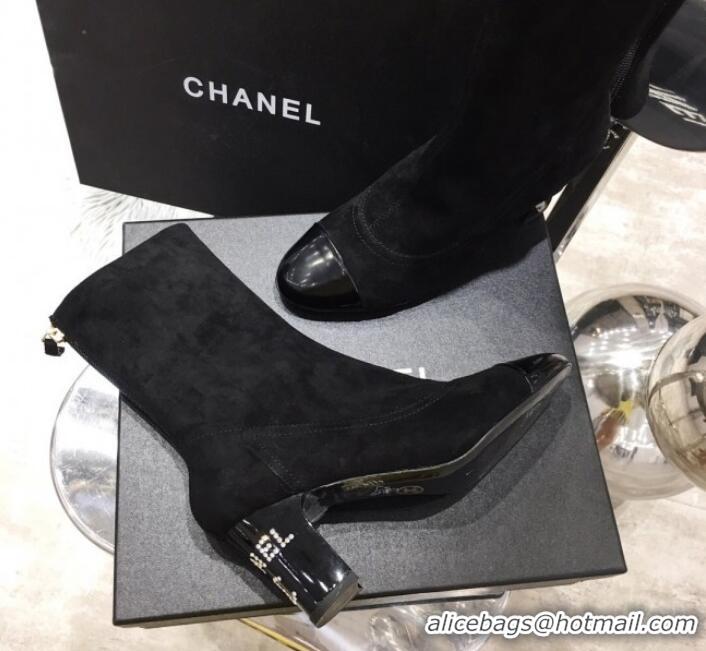 Purchase Chanel Suede Crystal Logo Mid-Heel Short Boot G11315 Black 2019