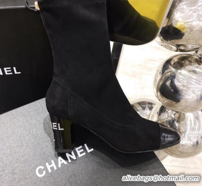 Purchase Chanel Suede Crystal Logo Mid-Heel Short Boot G11315 Black 2019