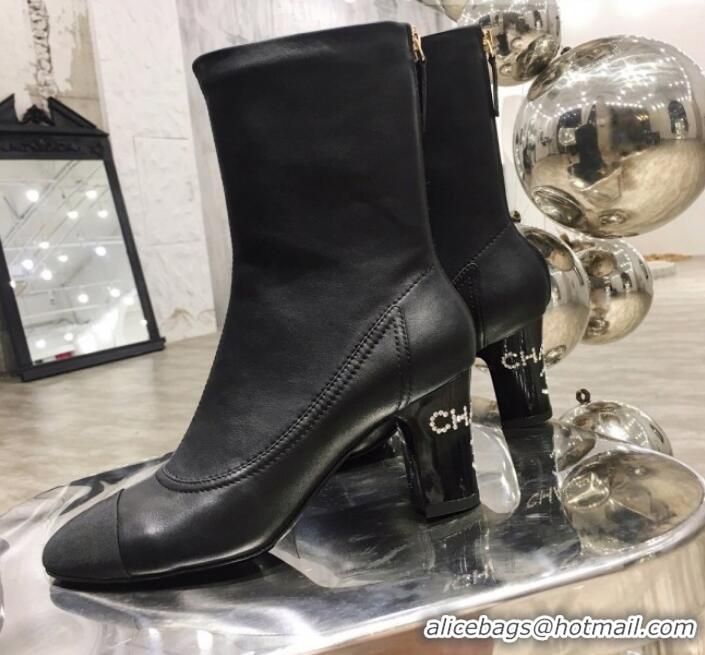 Best Price Chanel Leather Crystal Logo Mid-Heel Short Boot G11316 Black 2019