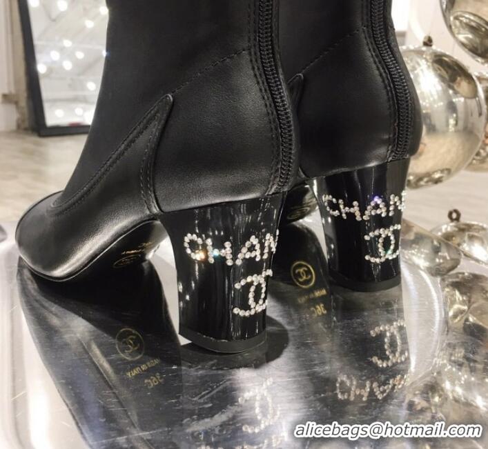 Best Price Chanel Leather Crystal Logo Mid-Heel Short Boot G11316 Black 2019