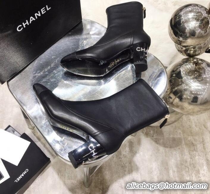 Best Price Chanel Leather Crystal Logo Mid-Heel Short Boot G11316 Black 2019