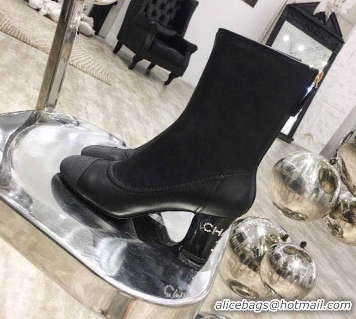 Best Price Chanel Leather Crystal Logo Mid-Heel Short Boot G11316 Black 2019