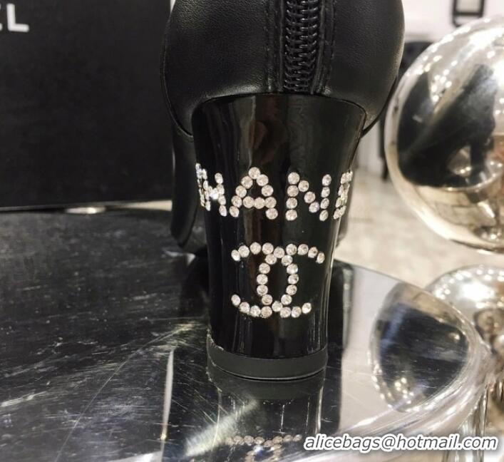 Best Price Chanel Leather Crystal Logo Mid-Heel Short Boot G11316 Black 2019