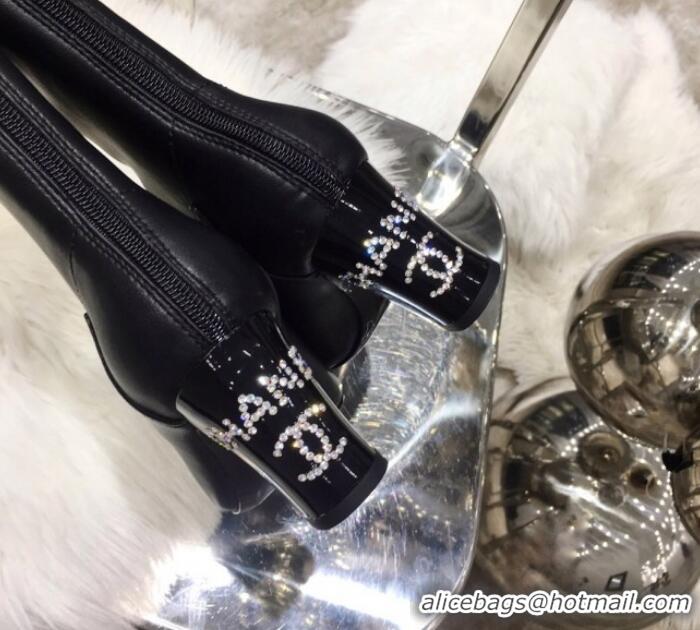 Best Price Chanel Leather Crystal Logo Mid-Heel Short Boot G11316 Black 2019