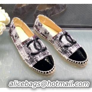 Best Grade Chanel Tweed Patent Leather Flat Espadrille G29762 White/Gray 2019