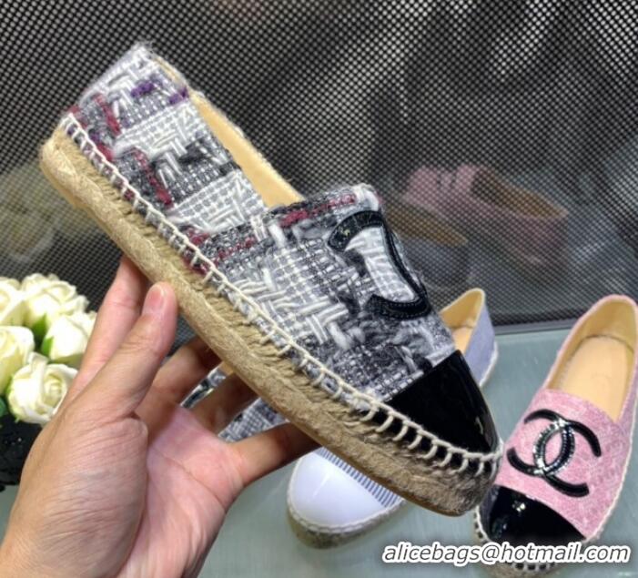 Best Grade Chanel Tweed Patent Leather Flat Espadrille G29762 White/Gray 2019