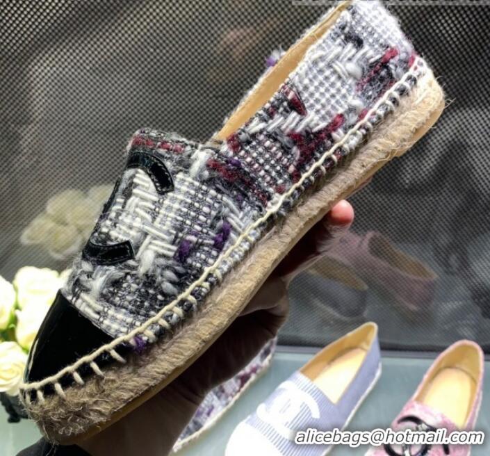 Best Grade Chanel Tweed Patent Leather Flat Espadrille G29762 White/Gray 2019