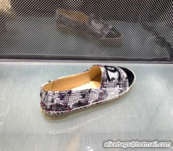 Best Grade Chanel Tweed Patent Leather Flat Espadrille G29762 White/Gray 2019