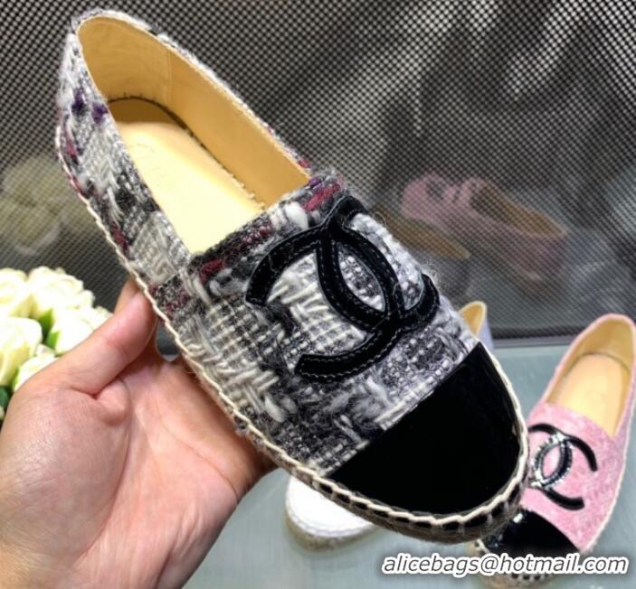 Best Grade Chanel Tweed Patent Leather Flat Espadrille G29762 White/Gray 2019