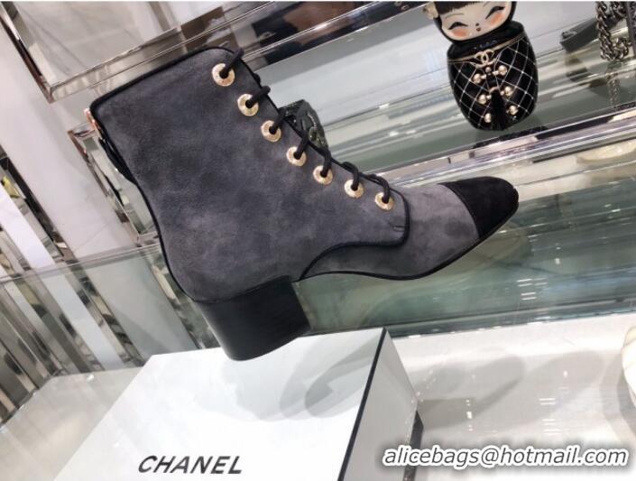 Luxury Chanel Suede Calfskin Lace-up Short Boots G35174 Gray 2019