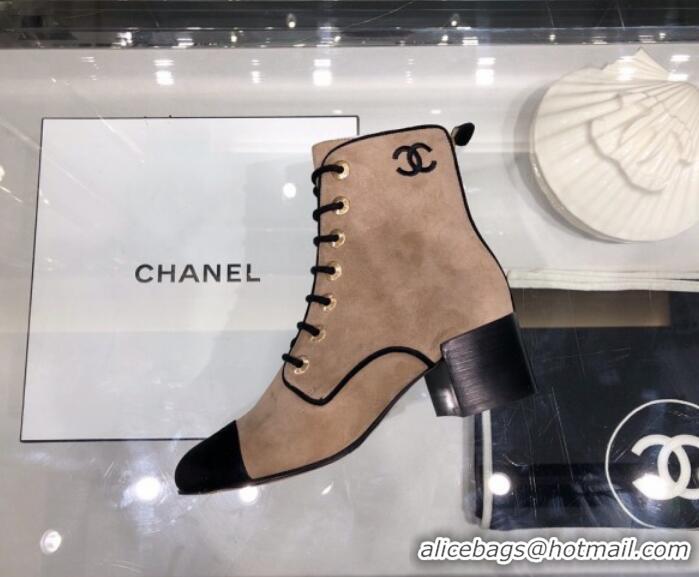 Classic Chanel Suede Calfskin Lace-up Short Boots G35174 Beige 2019